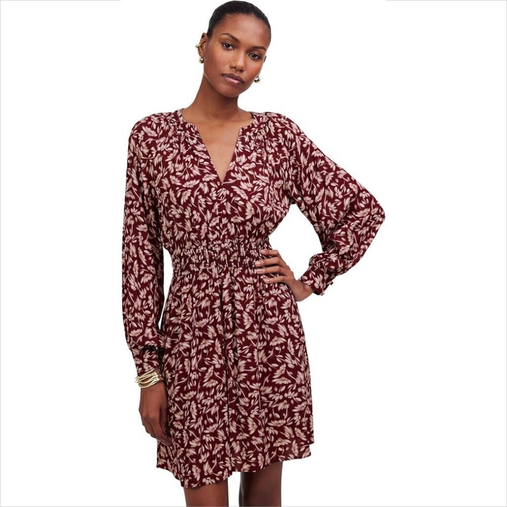 Madewell Anita Smocked Y-Neck Mini Dress Floral burgundy leaf mini wine shift XL